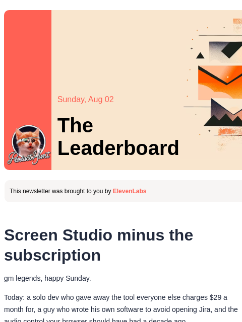 producthunt newsletter: 😸 Screen Studio minus the subscription