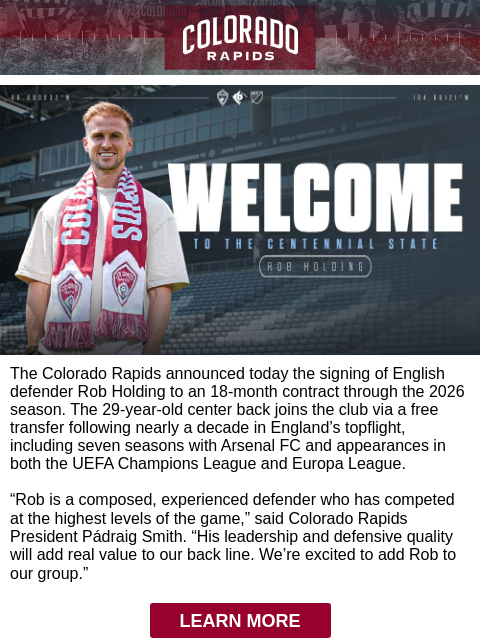 thecoloradorapids newsletter: Welcome Rob Holding as the Oar Captain at tonight'...
