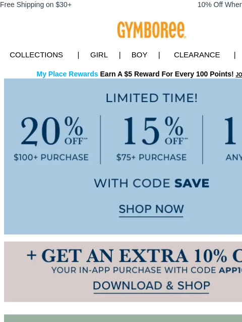 gymboree newsletter: EXTRA, EXTRA! 20% off your order + 10% off IN-APP!