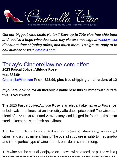 winelibrary newsletter: 2023 Pascal Jolivet Attitude Rose. Free Ship on 12