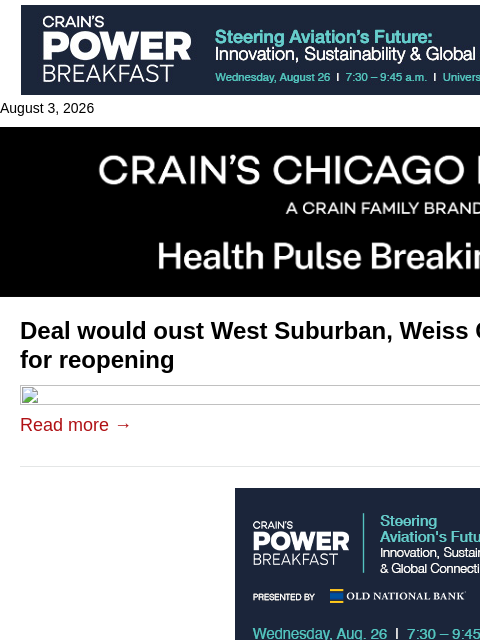 crainalerts newsletter: Corrected: West Suburban, Weiss settlement reveale...