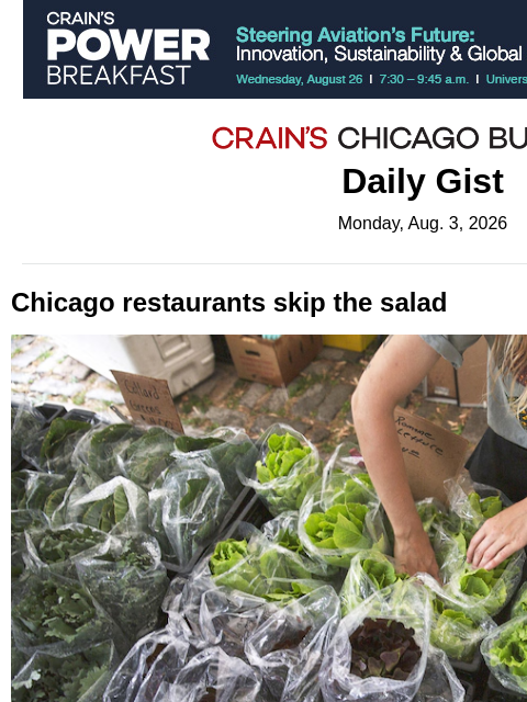 crainalerts newsletter: Chicago restaurants skip the salad