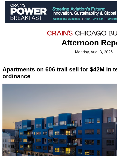crainalerts newsletter: Apartment complex on 606 trail sold for $42M