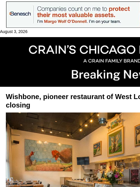 crainalerts newsletter: West Loop mainstay Wishbone is closing