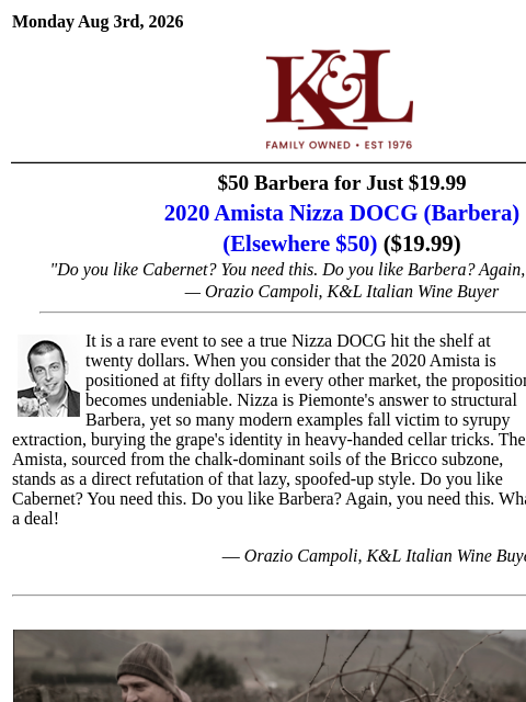 klwines newsletter: A $50 Barbera for $19.99