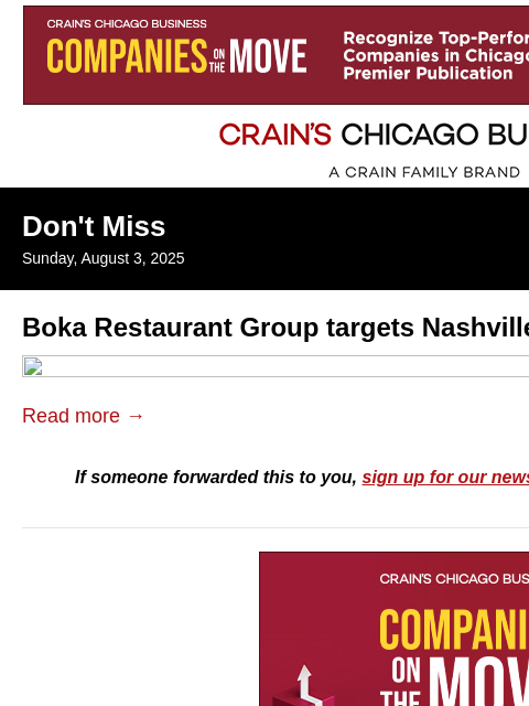 crainalerts newsletter: Chicago dining group targets Nashville