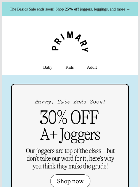 primary newsletter: 30% OFF: A+ Joggers (according to you) 📚🏆