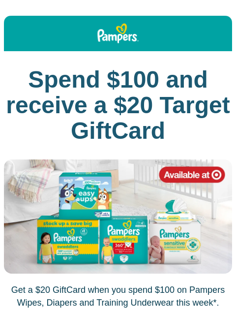 pampers newsletter: Get a $20 GiftCard when you buy Pampers at Target