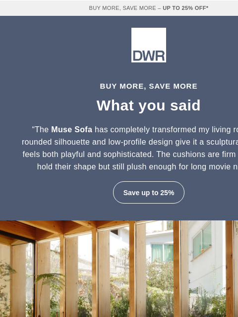 dwr newsletter: Up to 25% off bestselling sofas + lounge chairs