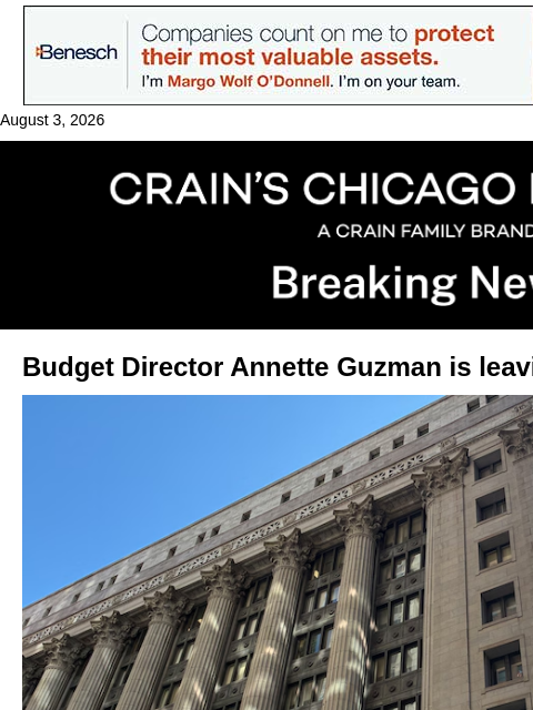 crainalerts newsletter: Johnson's budget director exits City Hall