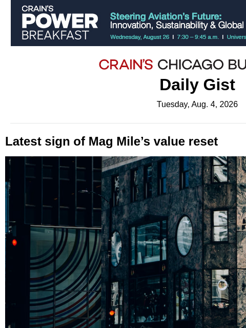 crainalerts newsletter: Latest sign of Mag Mile’s value reset