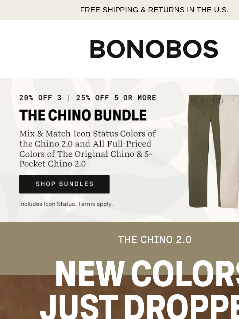 bonobos newsletter: Your Favorite Chinos, Now in 7 New Colors