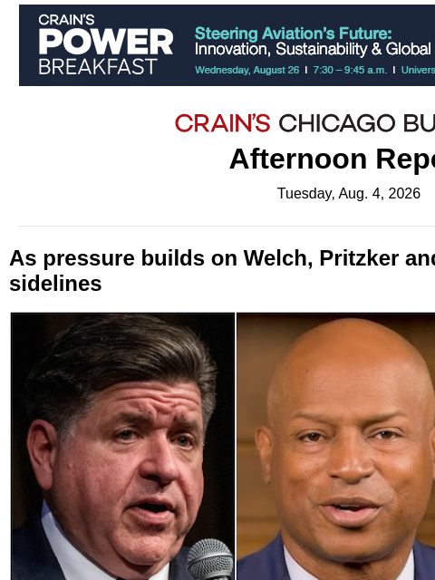 crainalerts newsletter: Pritzker, Johnson sidestep questions on Welch