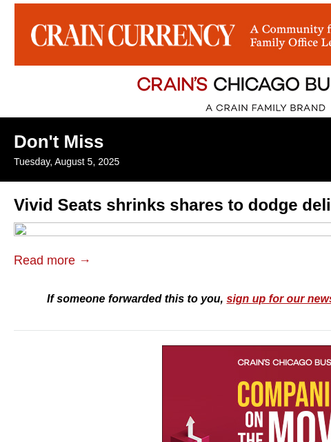 crainalerts newsletter: Vivid Seats shrinks shares to dodge delisting