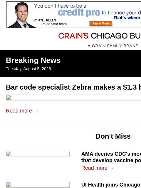 crainalerts newsletter: Bar code specialist Zebra makes a $1.3 billion dea...