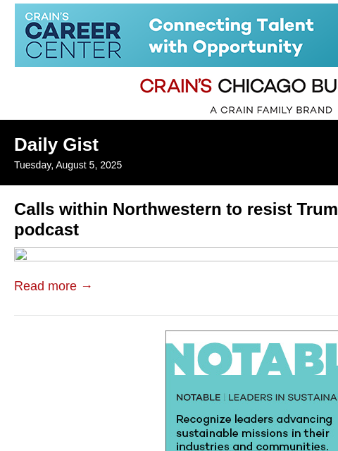 crainalerts newsletter: Calls within Northwestern to resist Trump: Crain's...