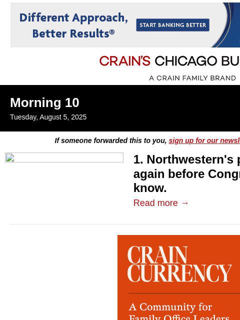 crainalerts newsletter: Northwestern president faces Congress — again