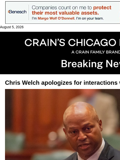 crainalerts newsletter: Welch apologizes for interactions with former staf...