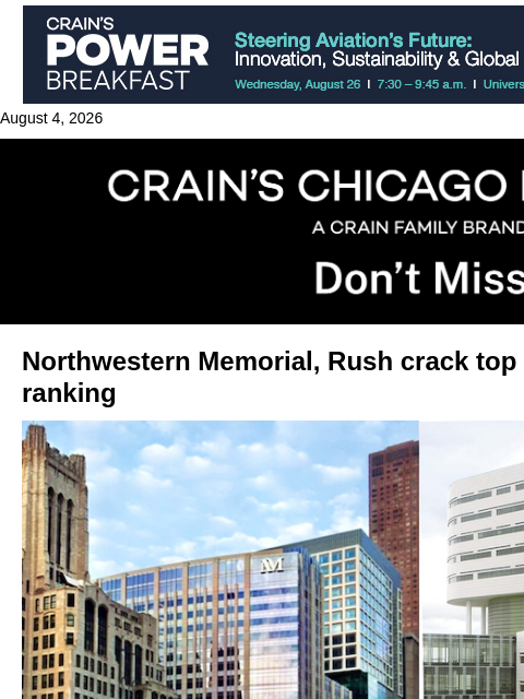 crainalerts newsletter: Northwestern Memorial, Rush crack top 20 in U.S. h...