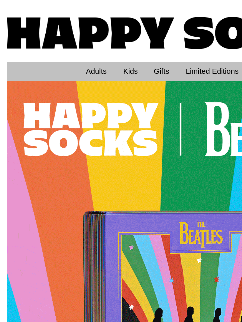 Happy Socks x The Beatles return for another smash hit! Nine fan-favorite styles for your feet! Happy Socks logo Happy Socks logo Adults Kids Gifts Limited Editions Sale Beatles socks For all the