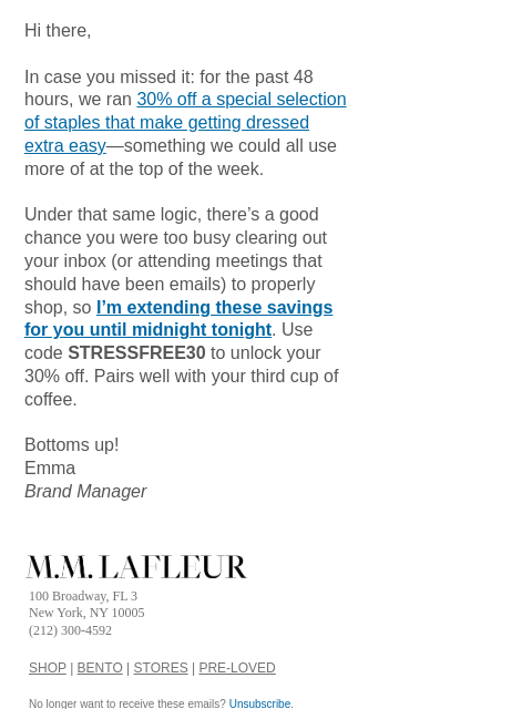 mmlafleur newsletter: EXTENDED: 30% off a smoother start to the week.