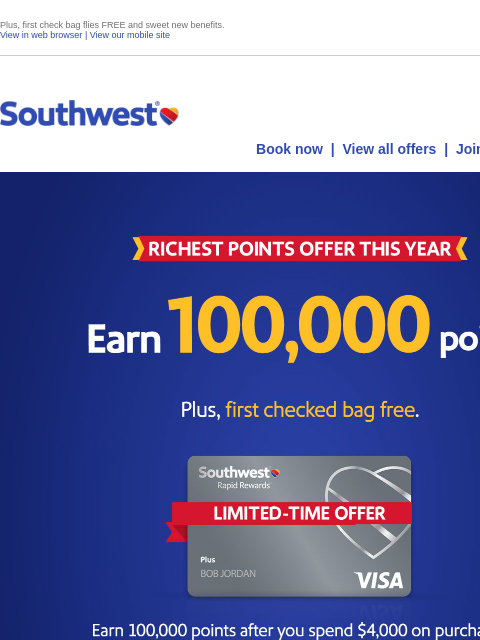 southwest newsletter: You’re invited! Earn 100,000 bonus points.