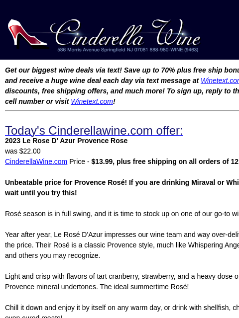 winelibrary newsletter: 2023 Le Rose D' Azur Provence Rose. Free Ship on 1...