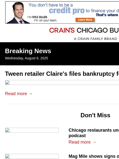 crainalerts newsletter: Claire's files bankruptcy for U.S. operations