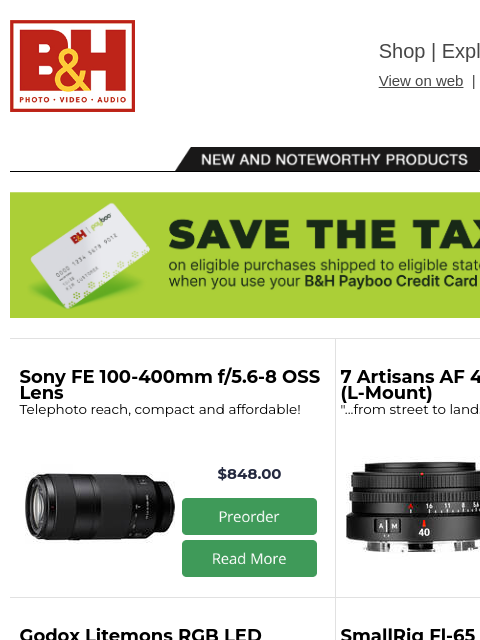 bhphotovideo newsletter: New Gear from Sony, Westcott, SmallRig, Peak Desig...