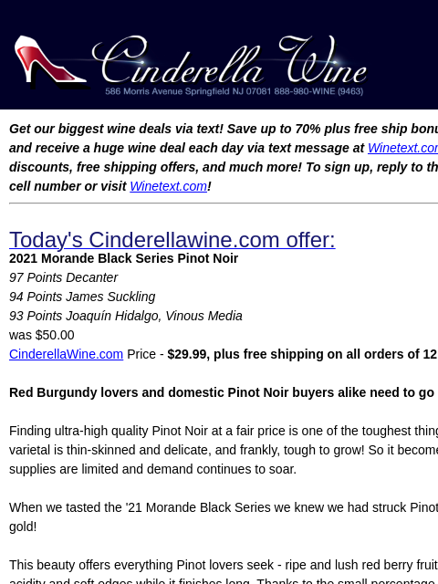 Get our biggest wine deals via text! Save up to 70% plus free ship bonus offers! Sign up and receive a huge wine deal each day via text message at Winetext.com! Massive price discounts, free shipping