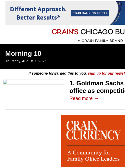 crainalerts newsletter: Goldman expands Chicago wealth management hub