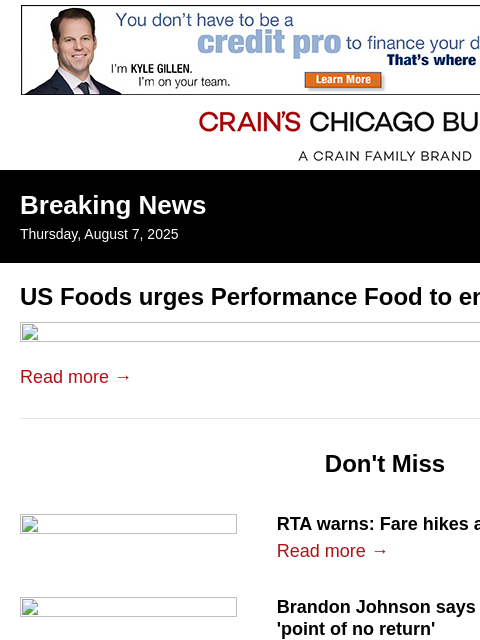 crainalerts newsletter: US Foods urges rival to engage in merger talks