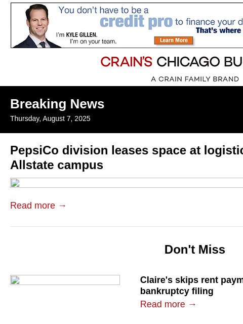 crainalerts newsletter: PepsiCo division leases space at Glenview logistic...