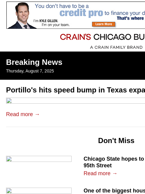 crainalerts newsletter: Portillo's hits snag in Texas