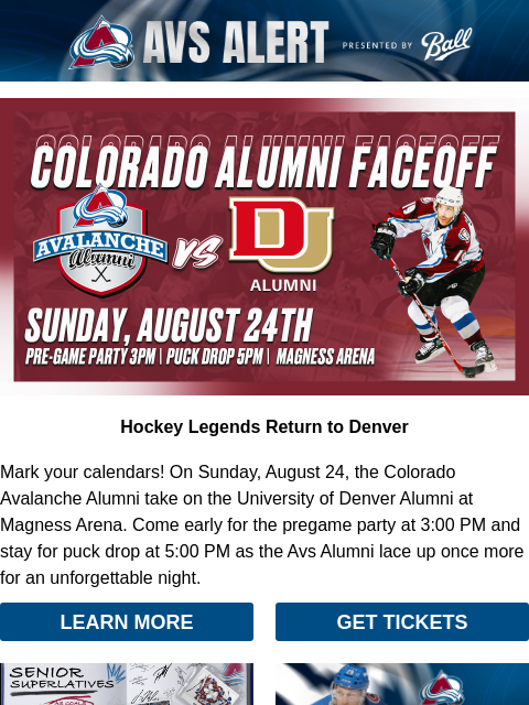 thecoloradoavalanche newsletter: 🏔️Watch Avs Legends Hit the Ice Against DU Alumni