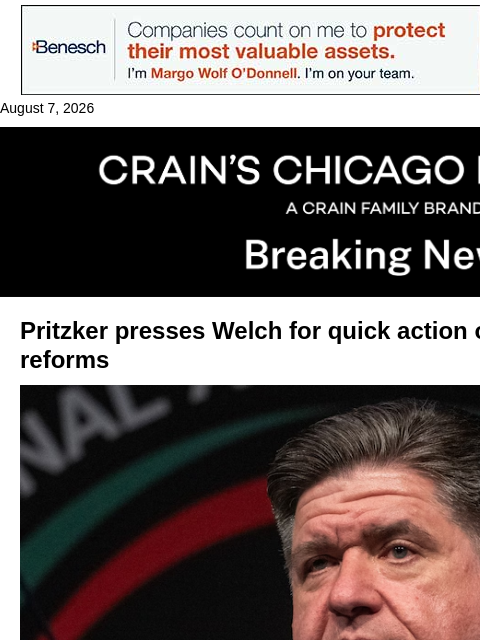 crainalerts newsletter: Pritzker presses Welch for quick action on sexual-...