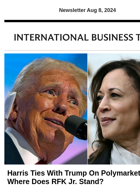 Newsletter Aug 8, 2024 Harris Ties With Trump On Polymarket – Where Does RFK Jr. Stand? VP Harris has now caught up with Trump on Polymarket, tying at 49% with the GOP candidate Wednesday night, but