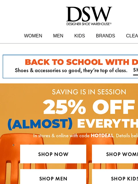 dsw newsletter: 💚 💜 25% off AND $5 sandals 💜 💚