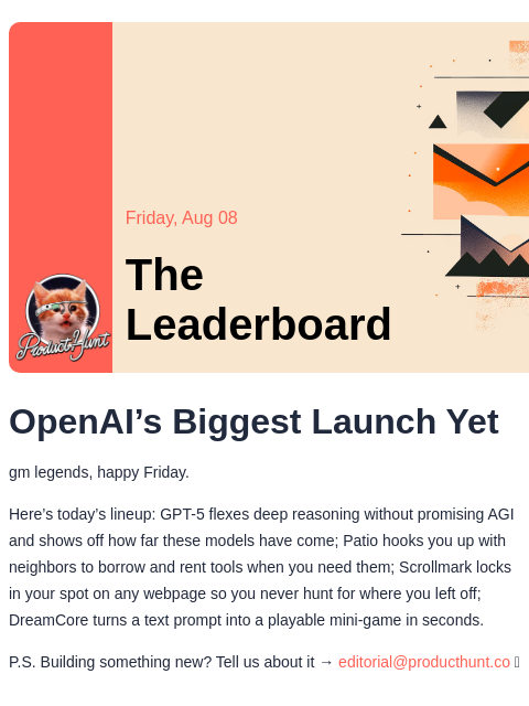 producthunt newsletter: 😸 GPT-5 is finally here