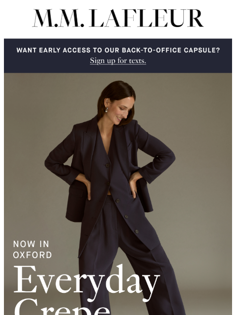 mmlafleur newsletter: NEW: Everyday Crepe in Oxford blue.