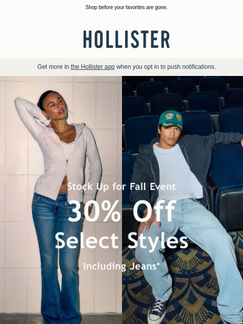 hollisterco newsletter: 30% off, including jeans!