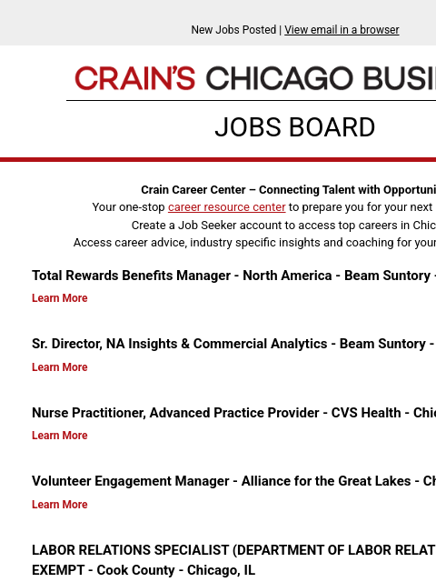 crainpartners newsletter: New jobs posted: Total Rewards Benefits Manager - ...