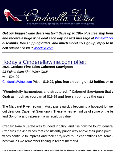 winelibrary newsletter: 2021 Credaro Five Tales Cabernet Sauvignon (93 WO)...