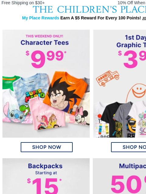childrensplace newsletter: Weekend Steal: Character Tees $9.99 👕✨