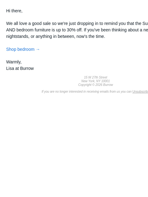 burrow newsletter: Reminder: bedroom furniture is on sale