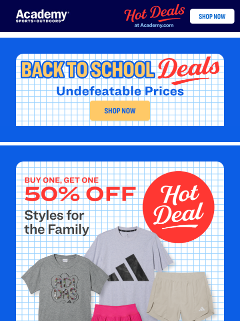 academy newsletter: BOGO 50% OFF adidas Styles for the Fam