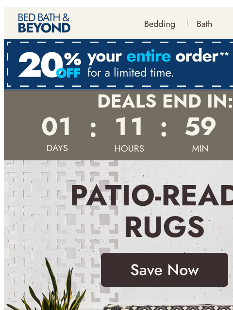 bedbathandbeyond newsletter: Up to 60% off outdoor rugs 🌳👣✨