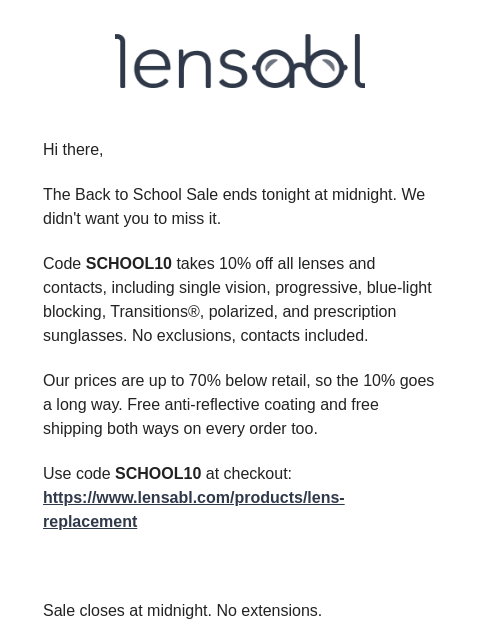 lensabl newsletter: Back to School Sale Ends Tonight
