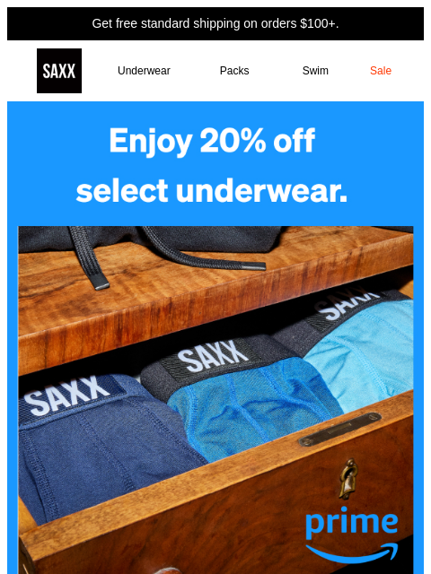 saxxunderwear newsletter: 20% off select styles with Amazon