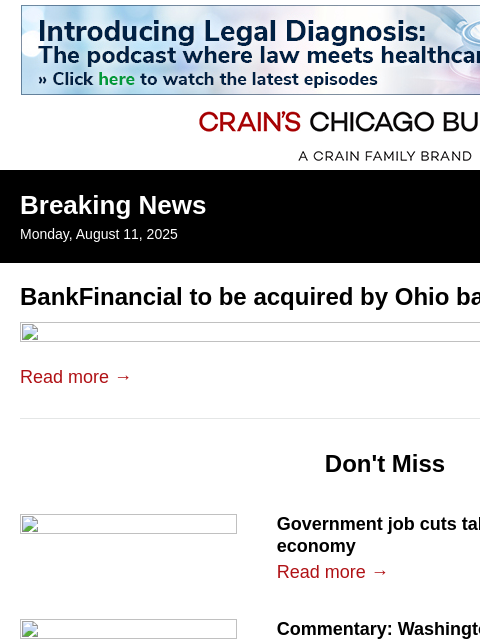 crainalerts newsletter: BankFinancial to be acquired in $142M deal